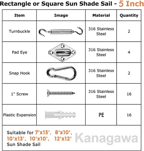 Miniatura 6 de Kit de herrajes para toldo de 5 pulgadas para rectángulo 316 de acero inoxidable antioxidante para patio al aire libre
