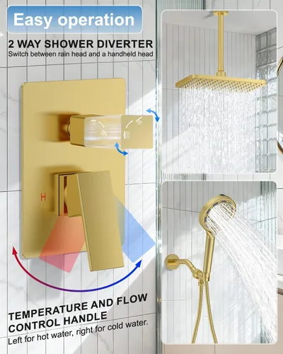 Miniatura 7 de 11" Brushed Gold Rainfall Shower System – Complete Spa Faucet Set with Filtered Handheld Sprayer & Mixer Valve – Modern High Pressure Bathroom