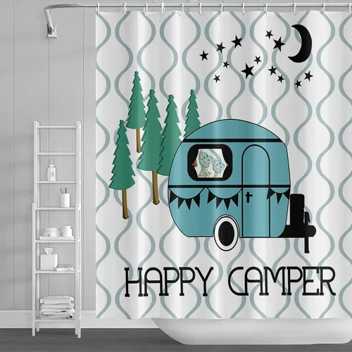 Miniatura 24 de Cortina de ducha Happy Camper de 48 x 72 pulgadas, diseño de caricaturas, remolque, hoguera, aventura al aire libre, cortina de baño para decoración