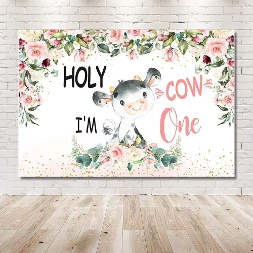 Miniatura 6 de MEHOFOND Telón de fondo de vaca sagrada con texto en inglés «Holy Cow I'm One» de 8 x 6 pies con diseño floral rosa de vaca niña feliz 1er