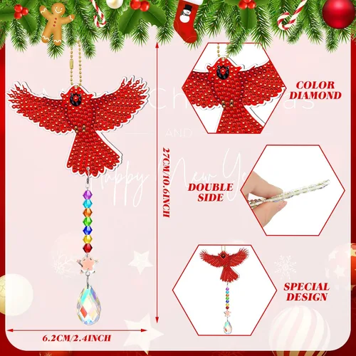 Miniatura 3 de Tradder Juego de 6 piezas de arte de diamantes para adultos, diseño de pájaros cardenales, adorno de arte de diamante, atrapasoles de doble cara