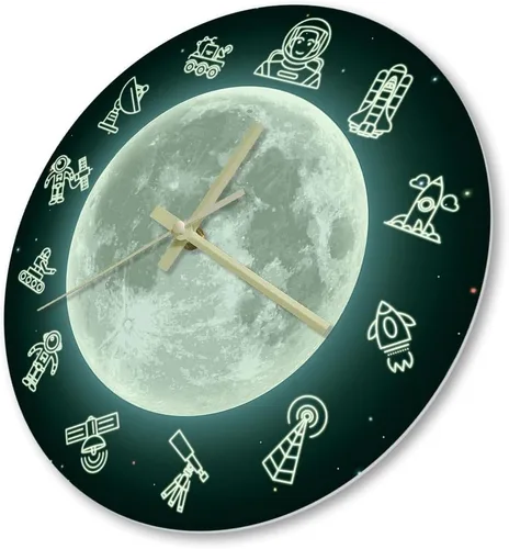 Miniatura 4 de The Geeky Days Reloj de pared que brilla en la oscuridad, diseño de luna de viaje espacial de 12 pulgadas, moderno, luminoso, silencioso y luminoso