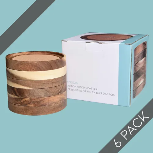 Miniatura 7 de Portavasos de madera de acacia para bebidas, 4.13 pulgadas, juego de 6, absorbentes y aislantes, apilables de corcho, posavasos rústicos para mesa