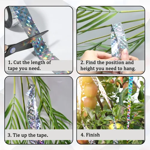 Miniatura 4 de Cinta reflectante de 328 pies, cinta de miedo de pájaros, cinta holográfica reflectante de doble cara, mantiene alejados a los pájaros carpinteros