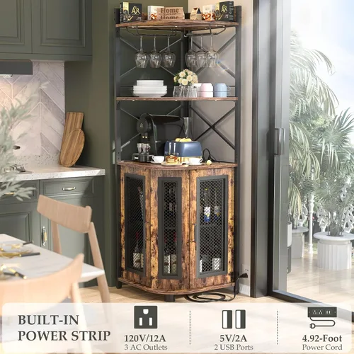 Miniatura 7 de Aheaplus Mueble Bar de Esquina con Toma de Corriente, Gabinete Industrial para Vino con Tira LED y Portavasos, Gabinete de Licores de 5 Niveles