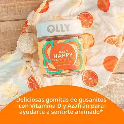 Miniatura 3 de OLLY Hello Happy Gummy Worms, apoyo para el equilibrio del estado de ánimo, vitamina D, azafrán, suplemento masticable para adultos, zing tropical