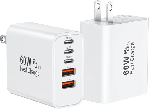 Miniatura 15 de Bloque de cargador de pared rápido USB C, paquete de 2 cubos de carga USBC de 60 W, adaptador de corriente PD+QC de 5 puertos ladrillo multipuerto
