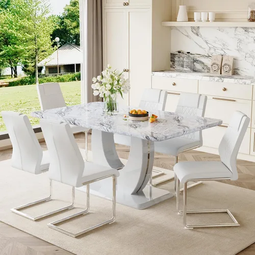 Miniatura 2 de Moderno juego de mesa de cocina y comedor, juego de 6 mesas y sillas con parte superior de mármol sintético, juego de mesa de cocina rectangular