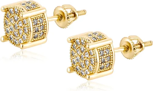 TOPGRILLZ Aretes de tuerca chapados en oro de 14 quilates 5A+ con circonita cúbica en racimo de diamantes redondos para hombres y mujeres