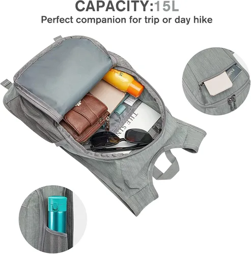 Miniatura 4 de G4Free 10L/15L Mochila para Senderismo Plegable Ligera, Mochila de Día para Caminatas, Pequeña, Viaje al Aire Libre, Bolsa de Hombro Plegable Gris