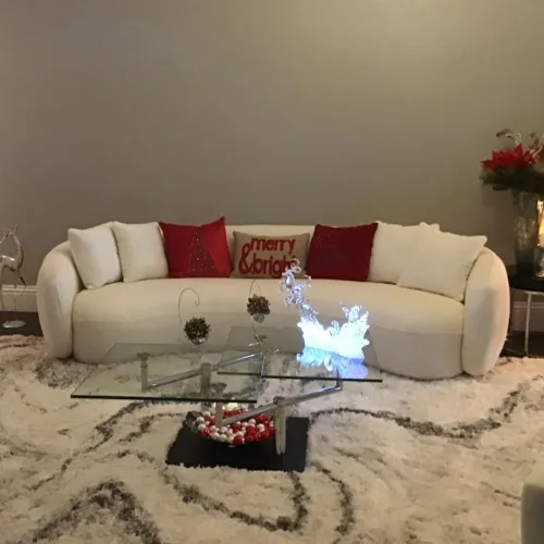 Miniatura 5 de WILLIAMSPACE Sofá curvado de 101 pulgadas, moderno sofá boucle tapizado de gran tamaño con 4 almohadas, sofá de peluche de 4 asientos para sala
