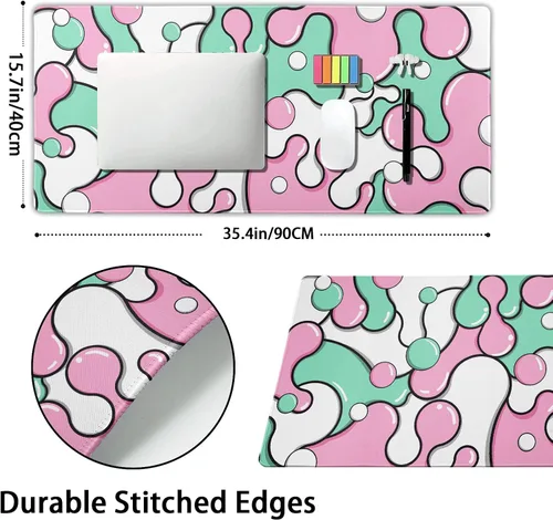 Miniatura 2 de Alfombrilla de ratón rosa y verde anime geométrica japonesa extendida para escritorio 90X40 CM, base de goma antideslizante, borde cosido
