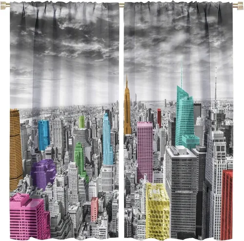 Cortinas modernas, paisaje colorido del horizonte de la ciudad de Nueva York con rascacielos, edificios, cortinas opacas con bolsillo para barra,