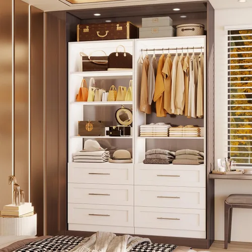 Miniatura 7 de Sistema de armario con 6 cajones, sistema organizador de armario de madera de 48", sistema de armario para vestidor o armario pequeño con estantes