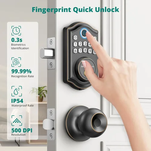 Miniatura 2 de AkaGear DS10 Cerradura de Puerta de Entrada sin Llave con Pomo de Puerta, Cerradura de Puerta de Huella Digital, Cerradura de Seguridad de Teclado