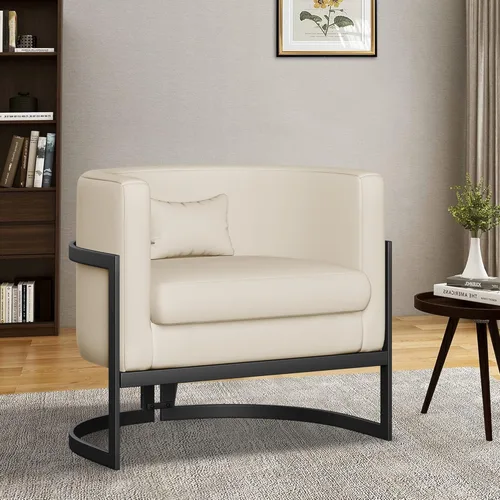 Miniatura 10 de Silla Tapizada Moderna para Sala de Estar, Sillas de Acento Tipo Barril, Sillón de Cuero Sintético, Silla de Salón de Mediados de Siglo, Silla Beige