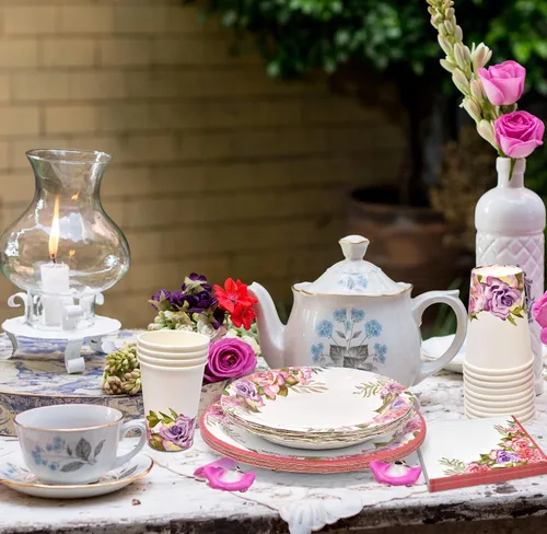 Miniatura 4 de Gift Boutique Juego de 96 piezas de suministros de fiesta de flores rosas y moradas, platos de papel, servilleta para niña, baby shower, té