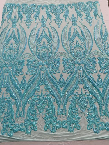 Miniatura 31 de Telón de fondo King INC Empire Damask Design con lentejuelas bordadas en una tela de malla elástica de 4 vías (amarillo brillante)