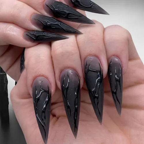 Miniatura 8 de Uñas postizas a presión para Halloween, con forma de hueso gótico, de terror, de cobertura completa, color blanco y negro, acrílico, para fiestas