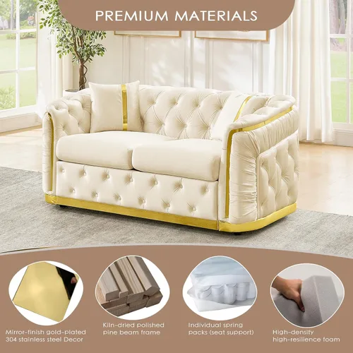 Miniatura 3 de Sofá Chesterfield de 62.6 pulgadas, moderno de mediados de siglo, sofá de terciopelo blanco beige y dorado, sofás de lujo para sala de estar