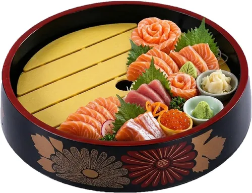 Bandeja redonda para servir sushi con tabla de drenaje, plato de sashimi japonés de 9.4 pulgadas, cuenco de exhibición de mariscos de melamina