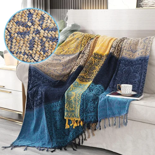 Miniatura 5 de Manta bohemia tejida para sofá, manta jacquard colorida de chenilla más suave, decoración hippie para sofá, silla, 60 x 75 pulgadas, azul marino