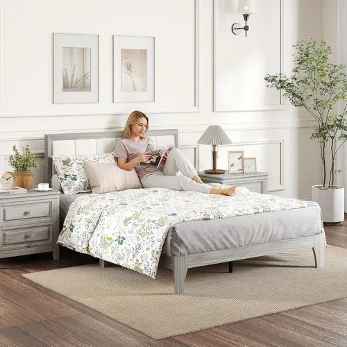 Miniatura 7 de HOMCOM Base de cama de tamaño matrimonial con cabecera tapizada, marco de cama de plataforma con listones de madera, no necesita somier, fácil