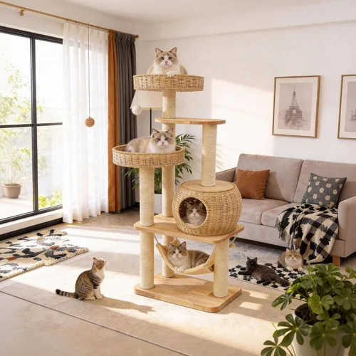 Miniatura 9 de Árbol de madera para gatos de 55 pulgadas para gatos de interior y adultos, torre alta para gatos con poste rascador y acogedora hamaca para gatos