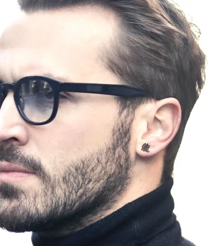Miniatura 4 de Aretes de dragón kanji, aretes japoneses del zodiaco chino de acero inoxidable con diseño de dragón negro para hombres y mujeres