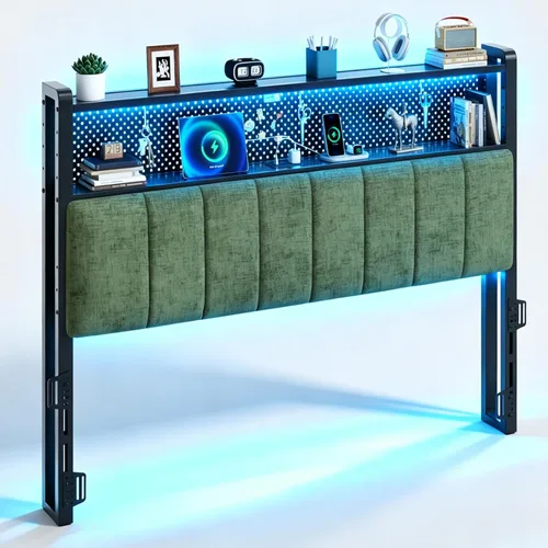Miniatura 14 de VINGLI Cabecera LED Queen con 3 estantes de almacenamiento y estación de carga, moderna cabecera tapizada con luces RGB, puertos USB y toma de Lino