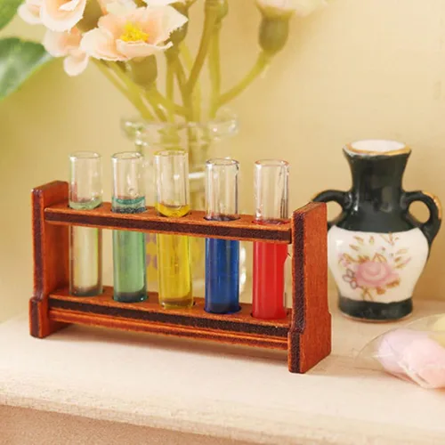 Miniatura 7 de Totority Mini tubos de ensayo de casa con estante – Accesorios de laboratorio en miniatura para la ciencia de la casa de muñecas, juego decorativo