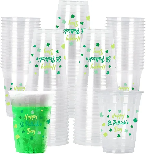 Paquete de celebración del Día de San Patricio, 60 vasos de plástico con temática irlandesa de 12 onzas con diseño de trébol de la suerte,