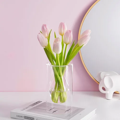 Miniatura 4 de ZENS Florero Pequeño de Flor Rosa Único, Florero de Vidrio Transparente Flotante Doble Hueco, Moderno Jarrón Decorativo Soplado a Mano Fresco