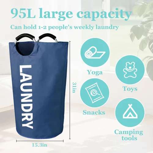 Miniatura 2 de WOOHA Cesta de lavandería grande de 95 L, cesta plegable para ropa, cestas altas de tela plegables para dormitorio, armario, baño, universidad, Azul
