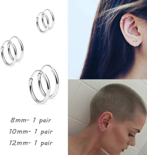 Miniatura 2 de Aretes de aro de plata para cartílago, pequeño, para mujeres, hombres, niñas, 3 pares de aretes de plata esterlina 925, hipoalergénicos, Tragus
