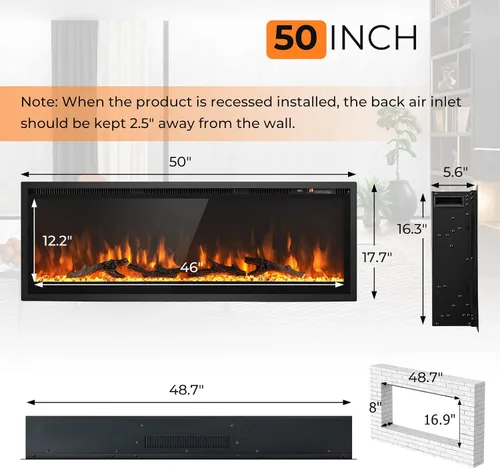Miniatura 7 de GOFLAME Chimenea eléctrica de 50 pulgadas empotrada/montada en la pared/independiente, calentador eléctrico lineal con control remoto