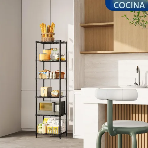 Miniatura 2 de REGILLER Estantería de alambre de acero de 6 niveles, unidad de almacenamiento con estantes ajustables para lavandería, baño, cocina, despensa, Negro