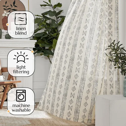 Miniatura 9 de jinchan Cortinas bohemias a rayas para sala de estar, cortinas de lino estilo granja de 63 pulgadas de largo, 2 paneles para dormitorio, mudcloth