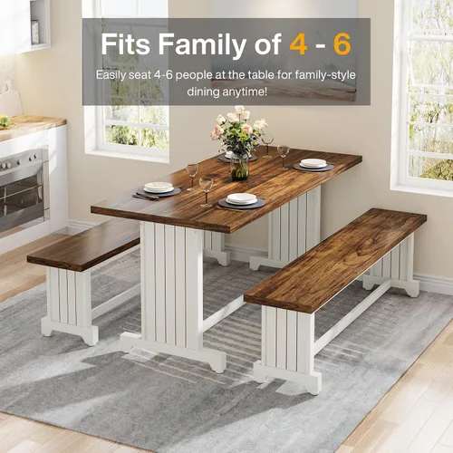 Miniatura 6 de Tribesigns Juego de mesa de comedor pequeña de 47 pulgadas para 2, mesa de cocina de 3 piezas con 2 bancos, muebles de cena de madera de granja