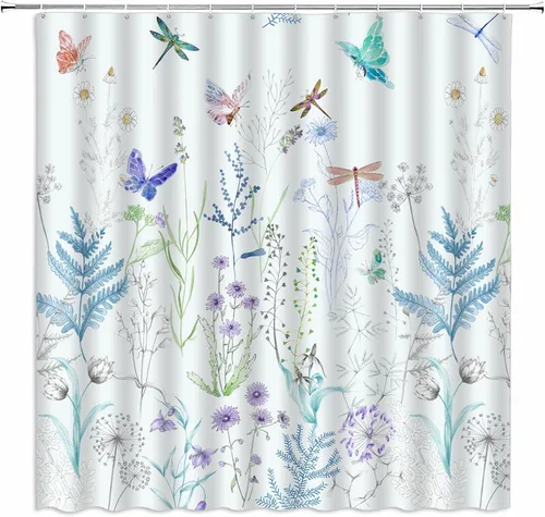 Miniatura 14 de Cortina de ducha de flores y mariposas, flores de flores, primavera, naturaleza, fantasía, jardín, tela para el hogar, juego de decoración de baño