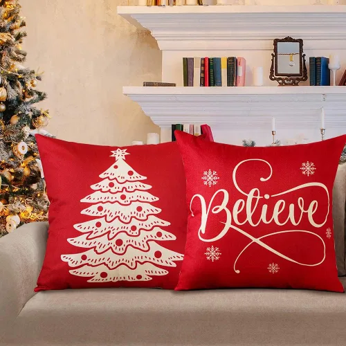 Miniatura 4 de OTOSTAR Juego de 4 fundas de almohada de Navidad de 45.7 x 45.7 cm, decoración navideña de granja, fundas de almohada de Navidad Joy Xmas Tree Let