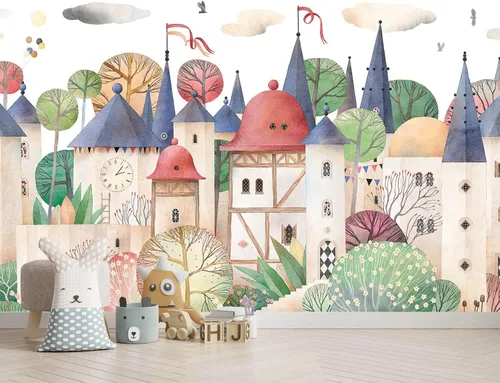 Papel pintado de casa de acuarela de dibujos animados para guardería, murales de pared para habitación de niños 114" x 74" (no despegar y pegar)