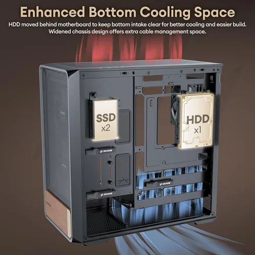 Miniatura 5 de Okinos Air Cross, Caja ATX de Madera de Nogal Genuina, Ventilador PWM de 3×140mm y Ventilador PWM Inverso de 2x120mm Preinstalado, Paneles de Malla
