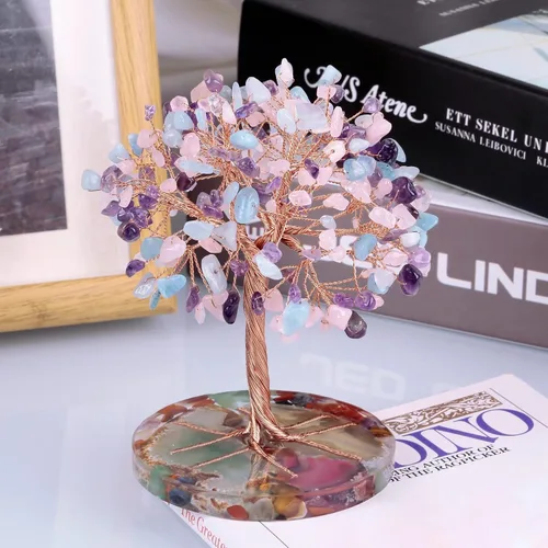 Miniatura 3 de SUNYIK Juego de árbol de dinero de cristal hecho a mano sobre base de rodajas de ágata orgánica, árbol de la vida curativo de cristales de chakras