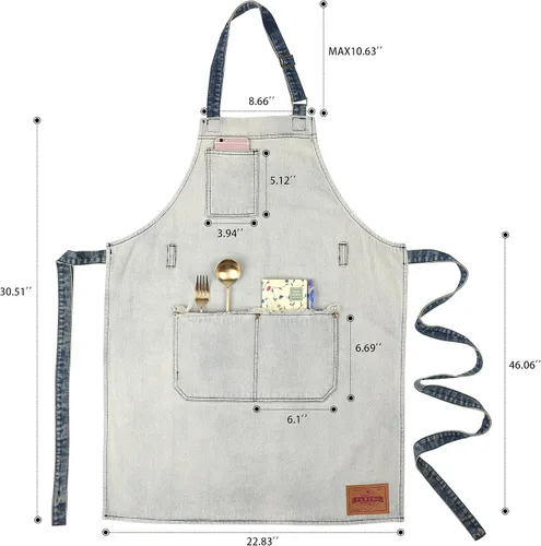Miniatura 5 de Delantal de Chef de Mezclilla para Mujeres con Bolsillos, Delantal de Cocina de Camarera de Jean para Hombres para Cocinar Jardinería Pintura