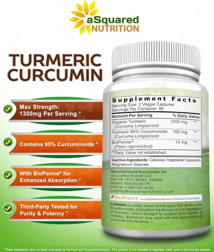 Miniatura 5 de aSquared Nutrition Curcumina de cúrcuma de 1300 mg con extracto de pimienta negra BioPerine - 180 cápsulas - con 95% curcuminoides, suplementos