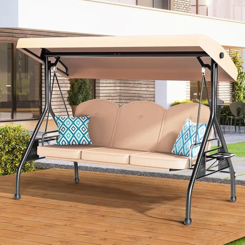 Miniatura 8 de ZZW Columpio de patio para porche al aire libre de 3 asientos con soporte de 800 libras, cama columpio convertible 2 en 1 con toldo ajustable