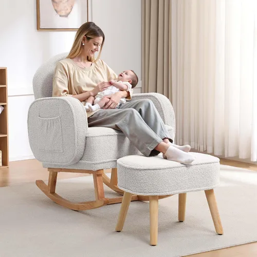Miniatura 18 de HCHAIRH Mecedora para guardería con otomana, mecedora tapizada con respaldo alto y bolsillo lateral, sillón con patas de madera maciza para Gris