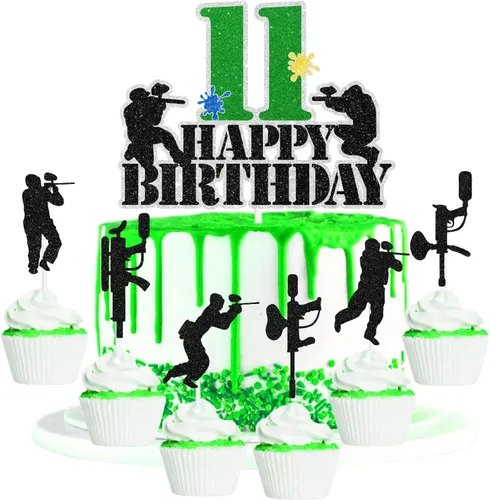Paintball - Juego de 7 decoraciones para tartas de cumpleaños para niños de 11 años, decoración de juego de disparos con temática de disparos, para