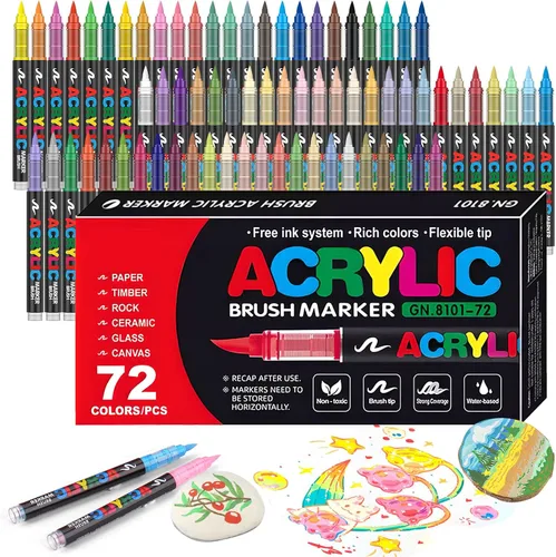 Juego de marcadores acrílicos de punta de pincel suave de 72 colores, bolígrafos de pintura para rocas, madera, tela, lienzo, vidrio, manualidades,